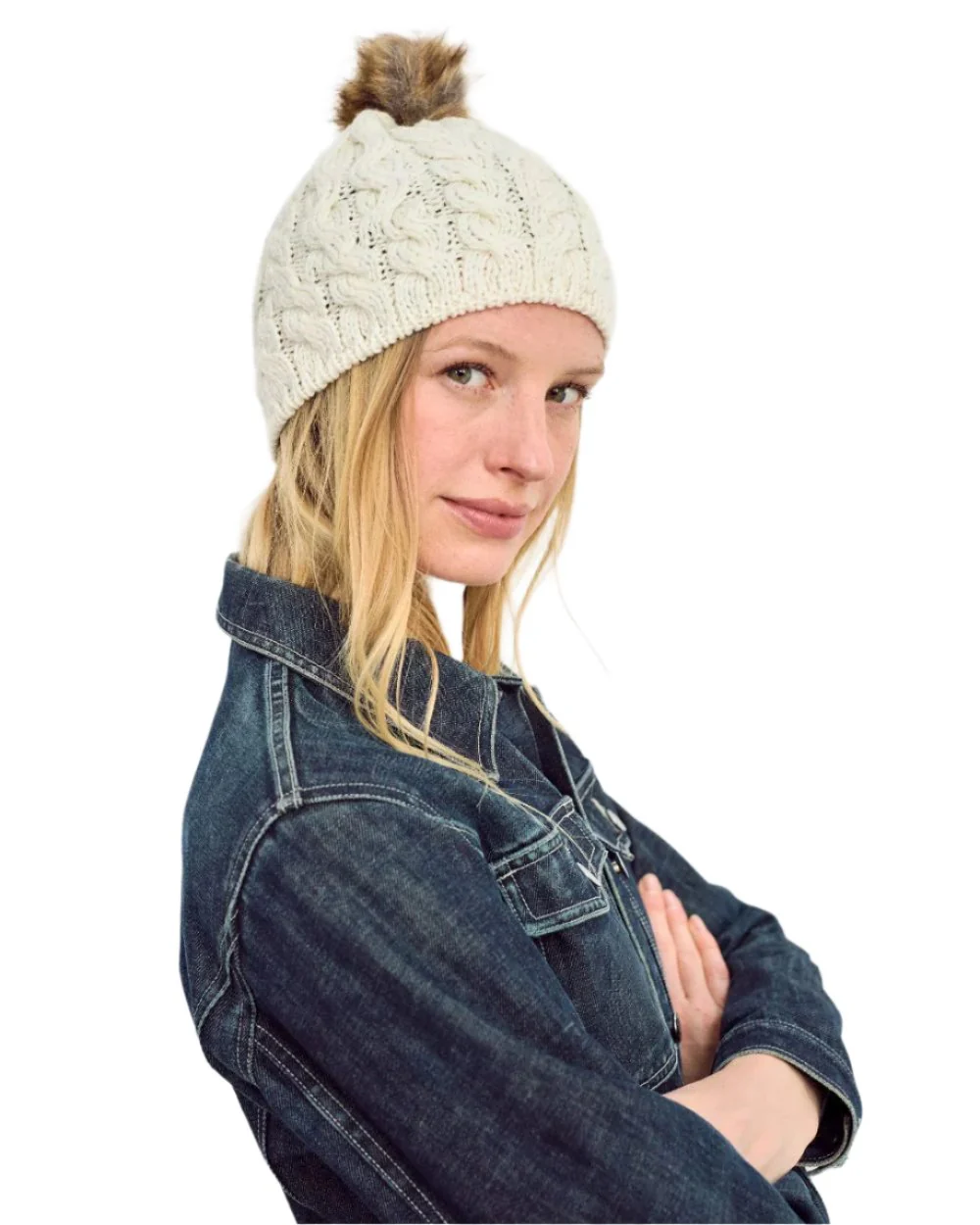Aran Knitted Faux Fur Bobble Hat - Image 8