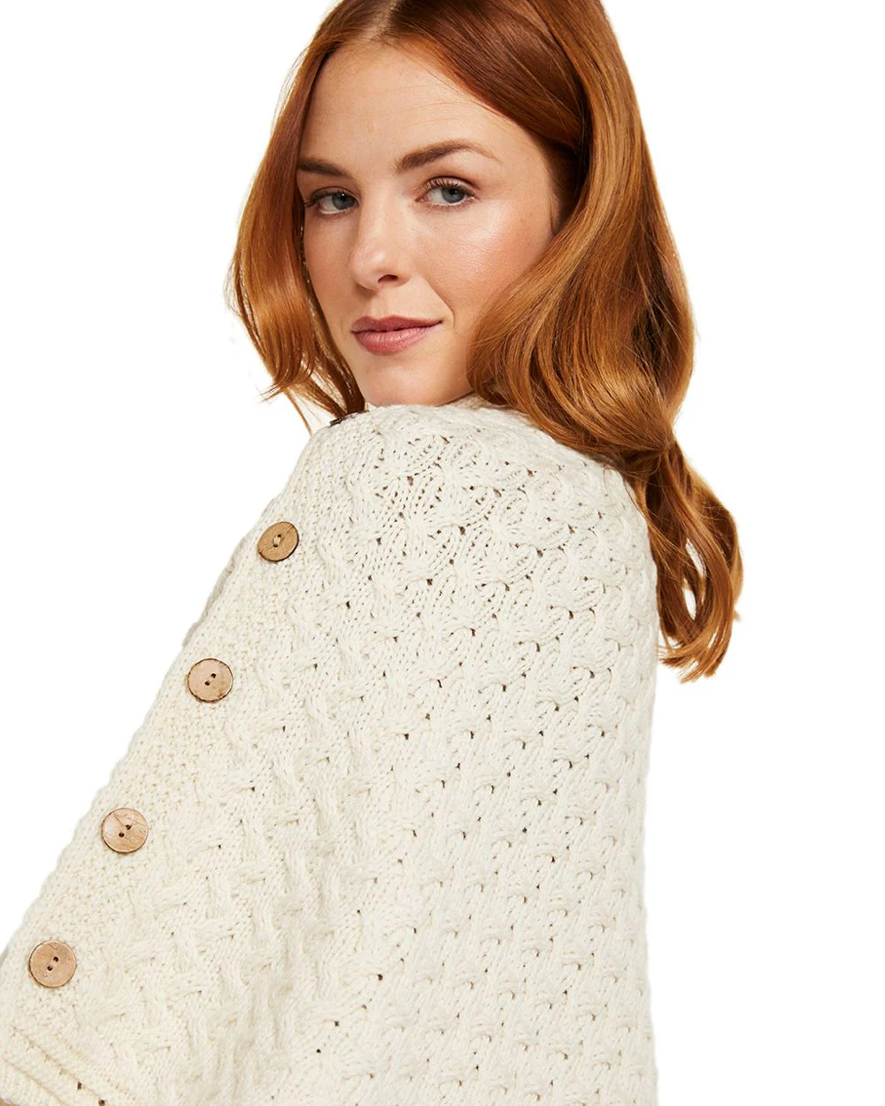 Aran Merino Wool Knit Button Poncho - Image 11