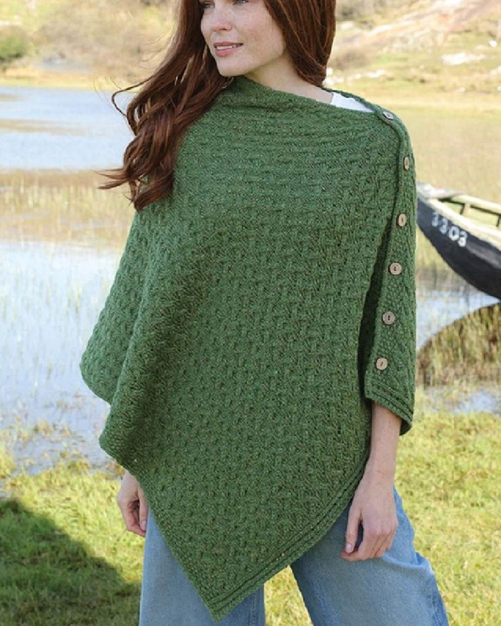 Aran Merino Wool Knit Button Poncho - Image 15