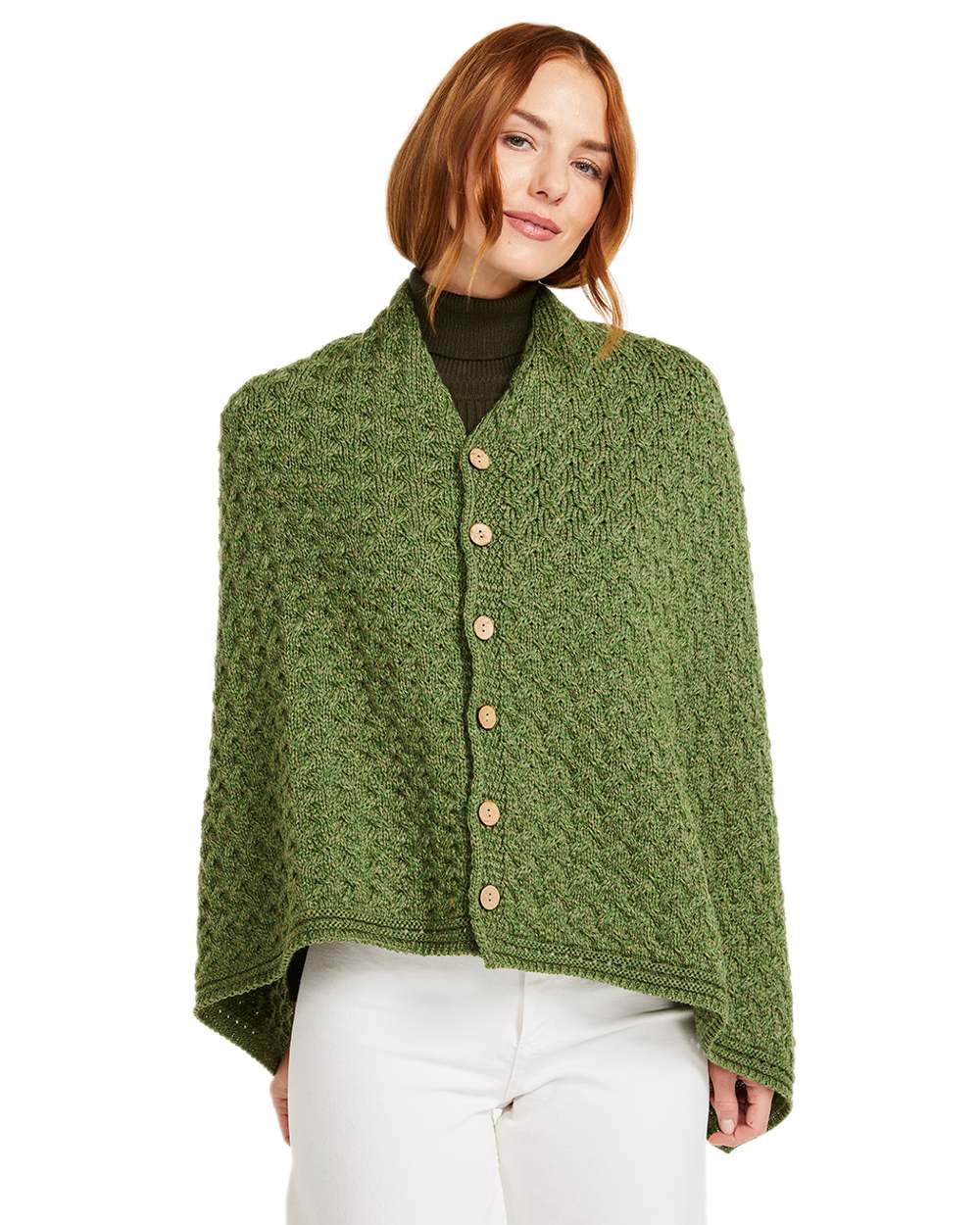 Aran Merino Wool Knit Button Poncho - Image 16