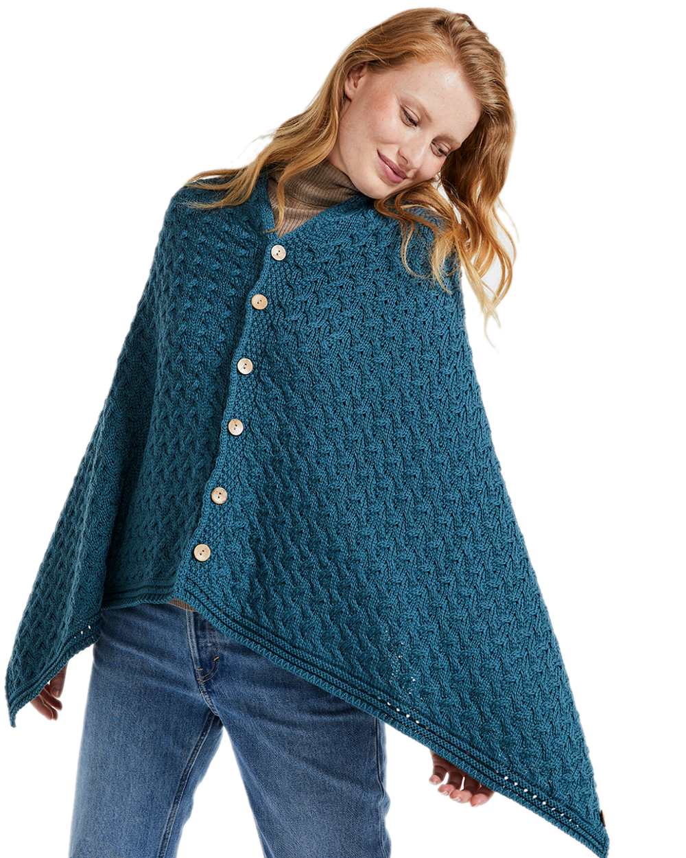 Aran Merino Wool Knit Button Poncho - Image 3