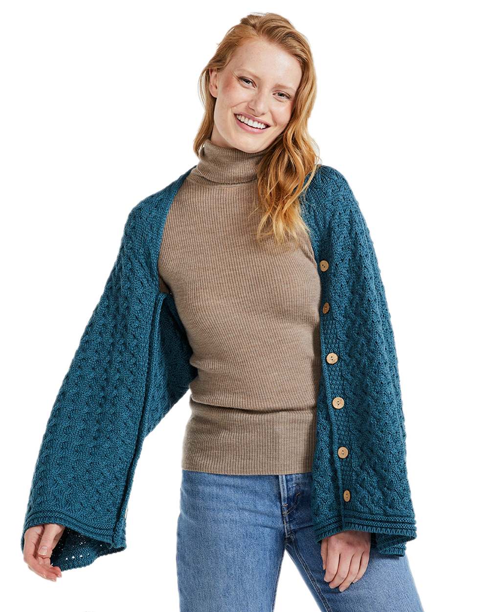 Aran Merino Wool Knit Button Poncho - Image 4