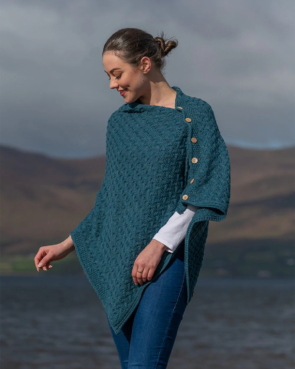 Aran Merino Wool Knit Button Poncho - Image 5