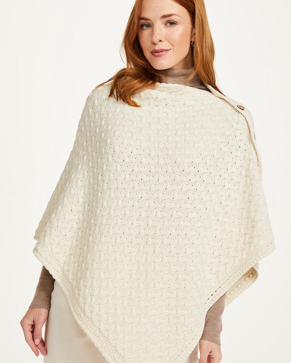 Aran Merino Wool Knit Button Poncho - Image 7