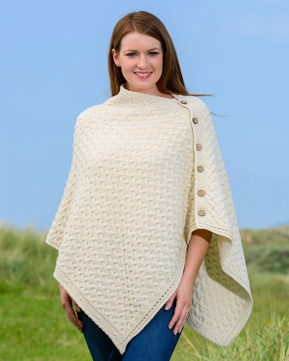 Aran Merino Wool Knit Button Poncho - Image 9